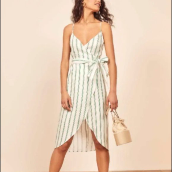 Reformation Dresses & Skirts - Reformation 'Court' Dress Green Stripe Linen Wrap